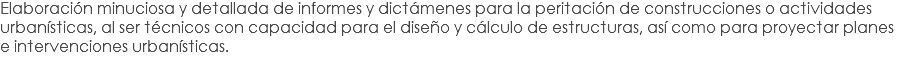 Elaboración minuciosa y detallada de informes y dictámenes para la peritación de construcciones o actividades urbanísticas, al ser técnicos con capacidad para el diseño y cálculo de estructuras, así como para proyectar planes e intervenciones urbanísticas.