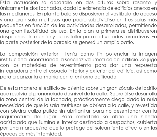 Esta actuación se desarrolló en dos alturas sobre rasante y únicamente dos fachadas, dada la existencia de edificios anexos en las medianeras. En planta baja se dispusieron el vestíbulo de acceso y una gran sala multiusos que podía subdividirse en tres salas más pequeñas en función de las actividades desarrolladas, permitiendo una gran flexibilidad de uso. En la planta primera se distribuyeron despachos de reunión y aulas-taller para actividades formativas. En la parte posterior de la parcela se generó un amplio patio. La composición exterior tenía como fin potenciar la imagen institucional acentuando la sencillez volumétrica del edificio. Se jugó con los materiales de revestimiento para dar una respuesta integradora entre el espacio interior y exterior del edificio, así como para alcanzar la armonía con el entorno edificado. De esta manera el edificio se asienta sobre un gran zócalo de ladrillo que resolvía el pronunciado desnivel de la calle. Sobre él se desarrolla la zona central de la fachada, prácticamente ciega dada la nula necesidad de que la sala multiusos se abriera a la calle, y revestida con piedra caliza pulida sin abrillantar para no desentonar con la arquitectura del lugar. Para rematarla se abrió una hienda acristalada que ilumina el interior destinado a despachos, cubierta por una marquesina que lo protege del soleamiento directo en las épocas de más intensidad. 